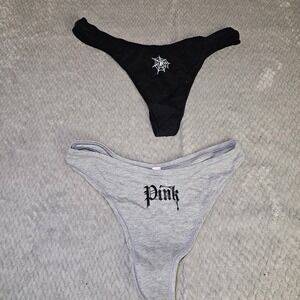PINK Victoria's Secret Thong Bottoms M Black Gray Logo Spider Halloween 2PC